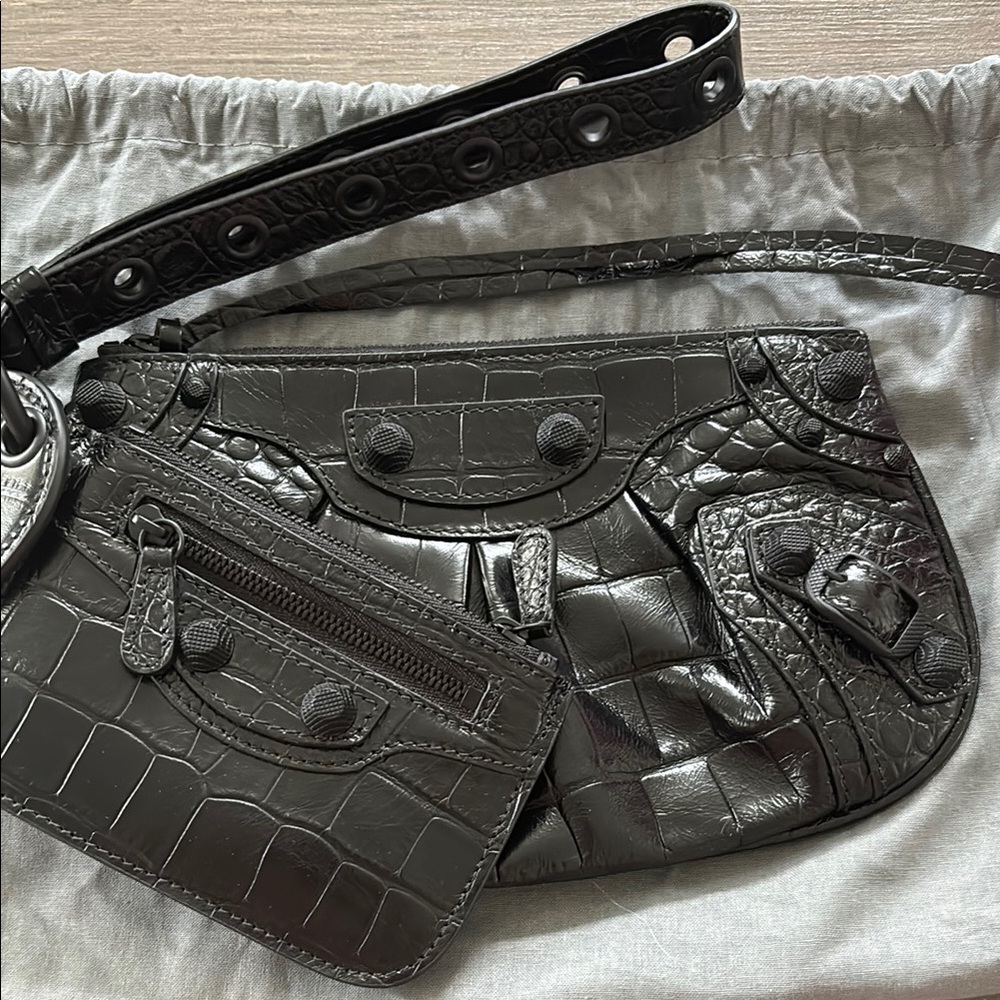 Balenciaga Black Clutch with Croc-Embossed Texture